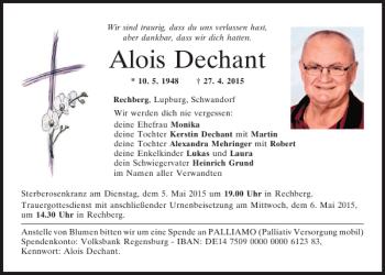 Traueranzeigen Von Alois Dechant Mittelbayerische Trauer