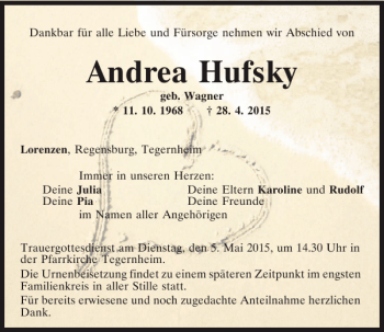 Traueranzeigen Von Andrea Hufsky Mittelbayerische Trauer