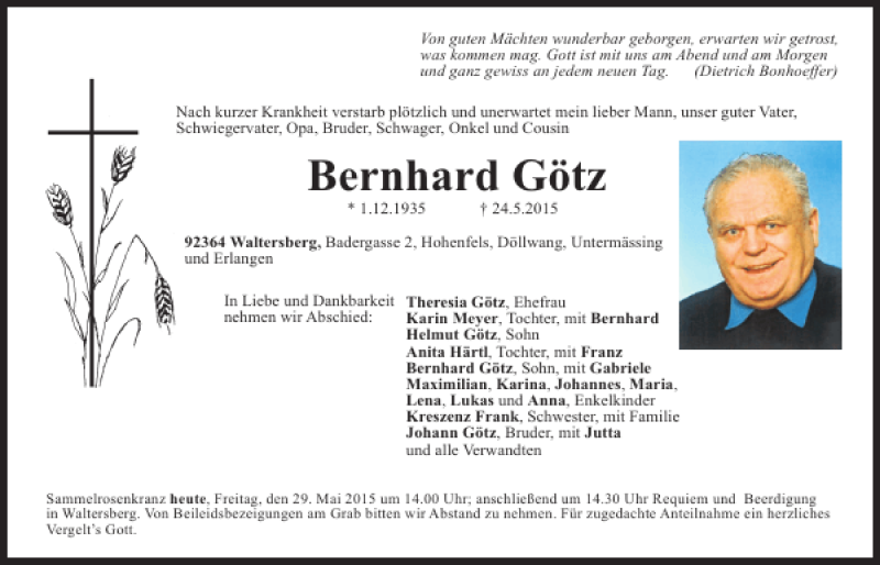 Traueranzeigen von Bernhard Götz Mittelbayerische Trauer