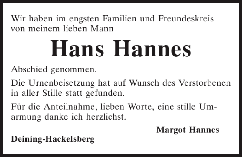 Traueranzeigen Von Hans Hannes Mittelbayerische Trauer