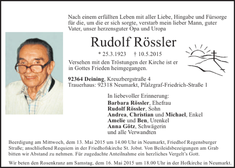 Traueranzeigen von Rudolf Rössler Mittelbayerische Trauer