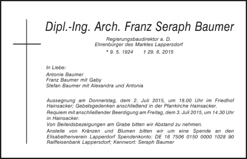 Traueranzeigen Von Dipl Ing Arch Franz Seraph Baumer