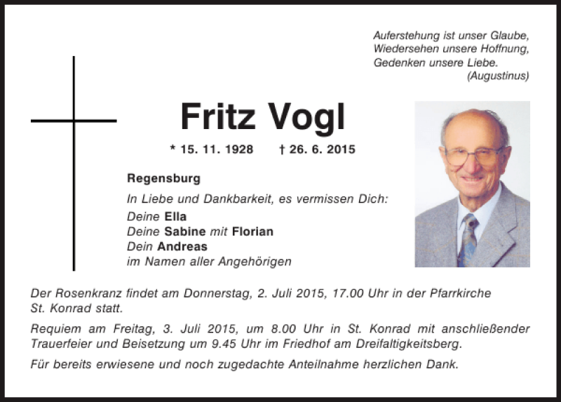 Traueranzeigen Von Fritz Vogl Mittelbayerische Trauer