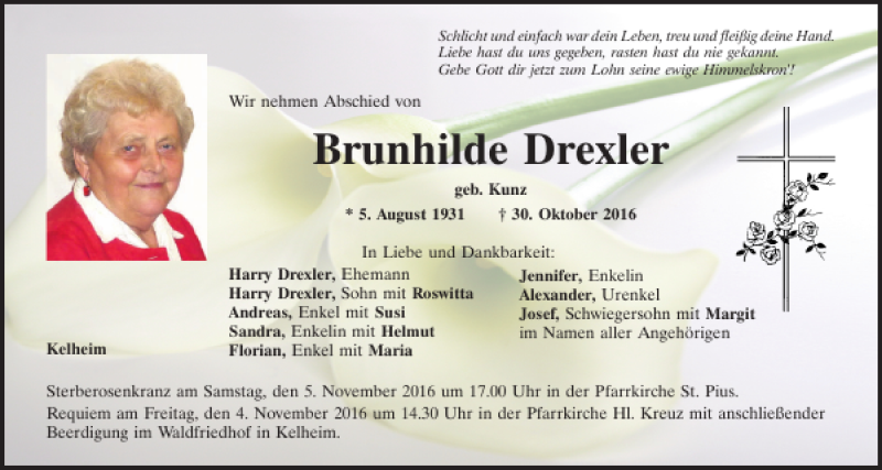 Traueranzeigen Von Brunhilde Drexler Mittelbayerische Trauer