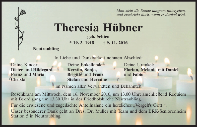 Traueranzeigen von Theresia Hübner Mittelbayerische Trauer