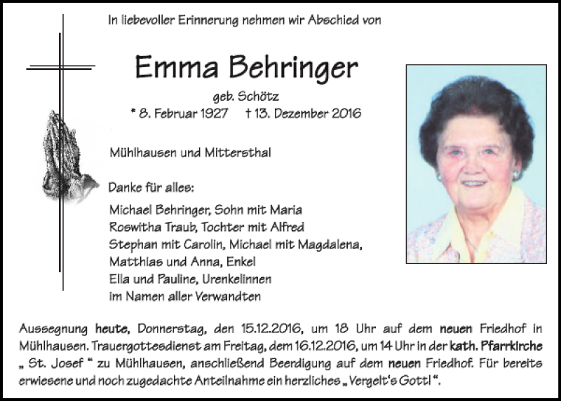 Traueranzeigen Von Emma Behringer Mittelbayerische Trauer