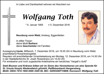 Traueranzeigen Von Wolfgang Toth Mittelbayerische Trauer