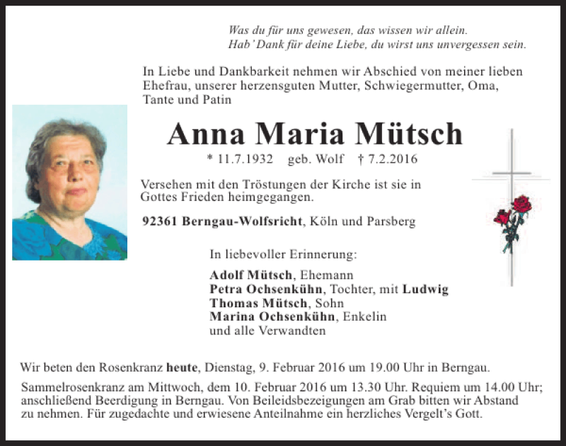 Traueranzeigen von Anna Maria Mütsch Mittelbayerische Trauer