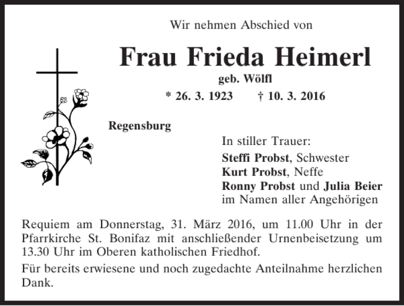 Traueranzeigen Von Frieda Heimerl Mittelbayerische Trauer