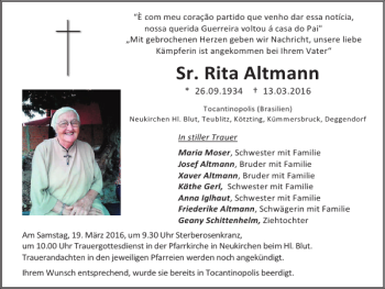 Traueranzeigen Von Sr Rita Altmann Mittelbayerische Trauer