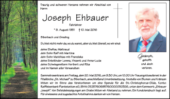 Traueranzeigen Von Joseph Ehbauer Mittelbayerische Trauer