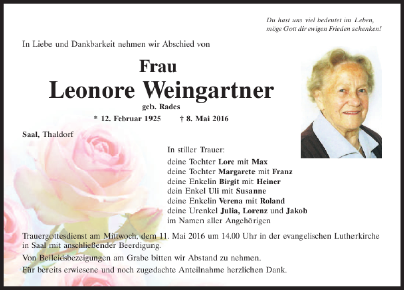 Traueranzeigen Von Leonore Weingartner Mittelbayerische Trauer