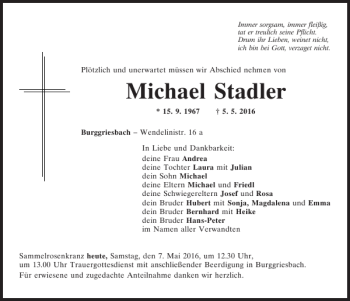 Traueranzeigen Von Michael Stadler Mittelbayerische Trauer