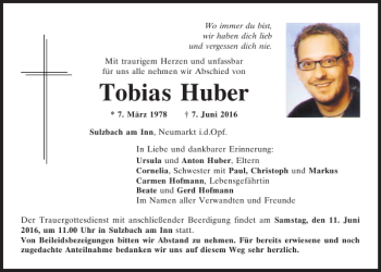 Traueranzeigen Von Tobias Huber Mittelbayerische Trauer