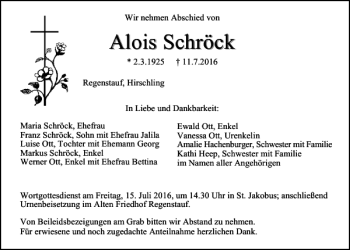 Traueranzeigen von Alois Schröck Mittelbayerische Trauer