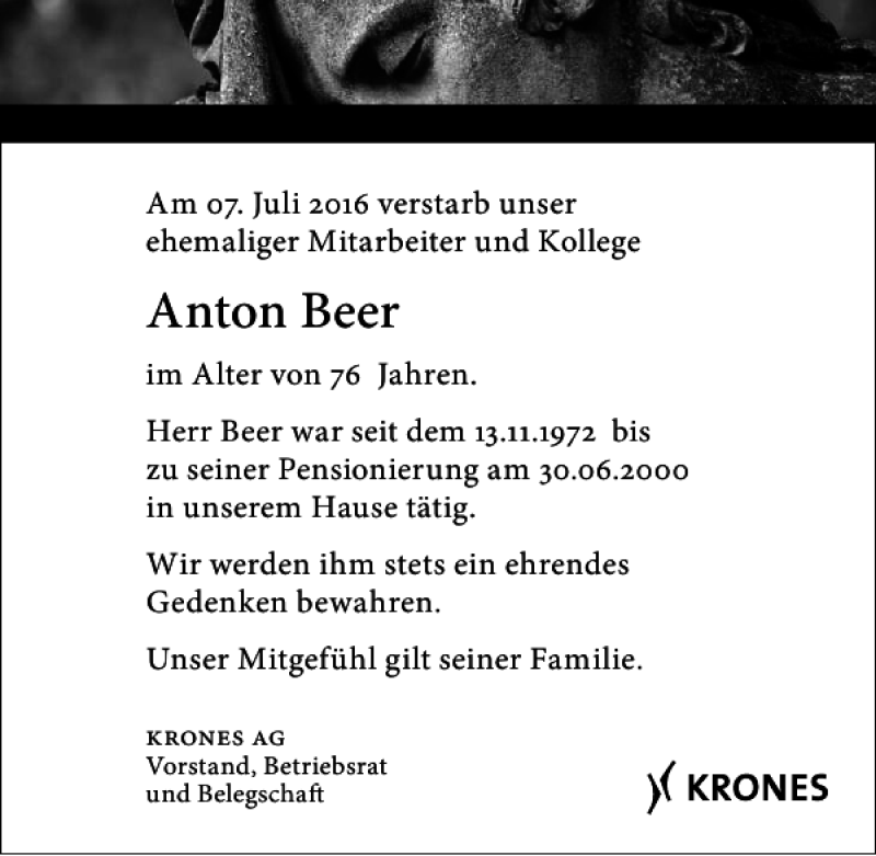 Traueranzeigen Von Anton Beer Mittelbayerische Trauer