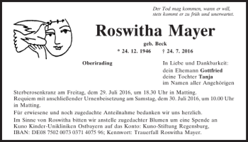 Traueranzeigen Von Roswitha Mayer Mittelbayerische Trauer