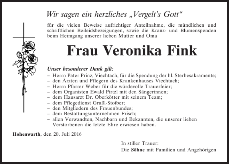 Traueranzeigen Von Veronika Fink Mittelbayerische Trauer