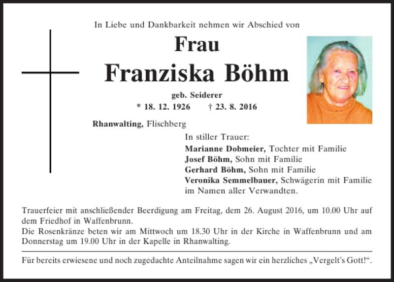 Traueranzeigen von Franziska Böhm Mittelbayerische Trauer