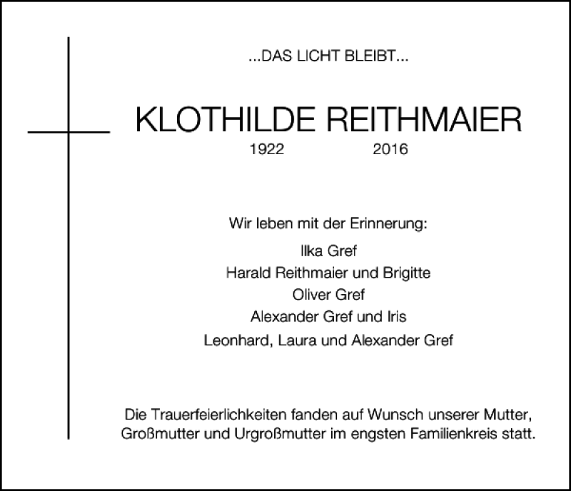 Traueranzeigen Von Klothilde Reithmaier Mittelbayerische Trauer