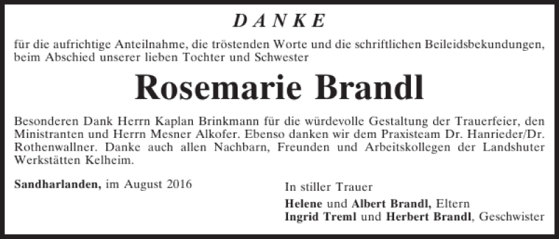 Traueranzeigen Von Rosemarie Brandl Mittelbayerische Trauer