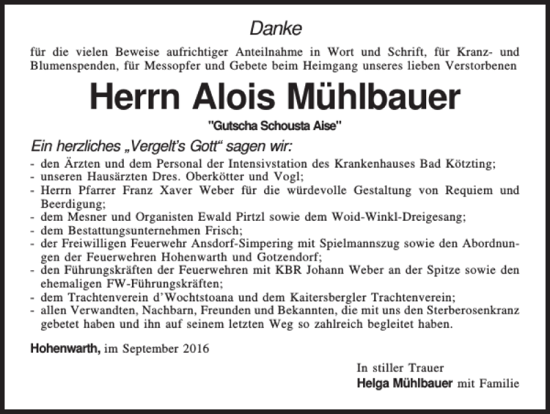 Traueranzeigen Von Alois M Hlbauer Mittelbayerische Trauer