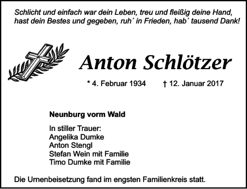 Traueranzeigen Von Anton Schl Tzer Mittelbayerische Trauer