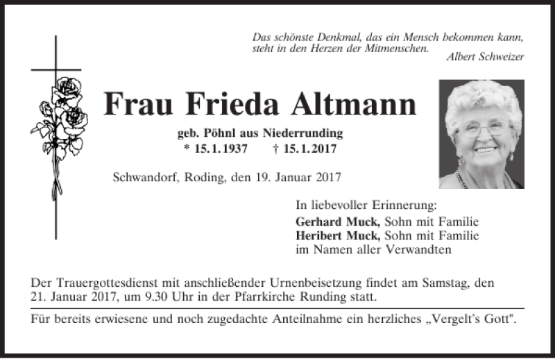 Traueranzeigen Von Frieda Altmann Mittelbayerische Trauer