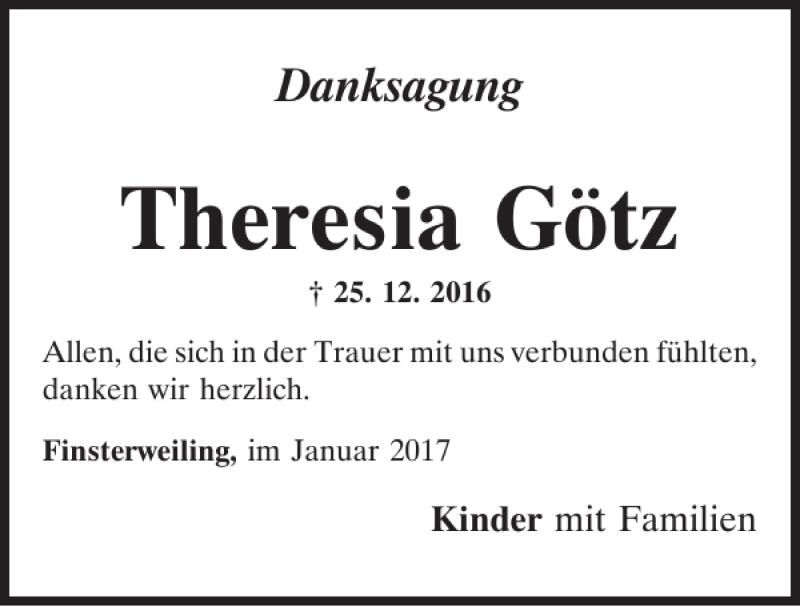 Traueranzeigen von Theresia Götz Mittelbayerische Trauer