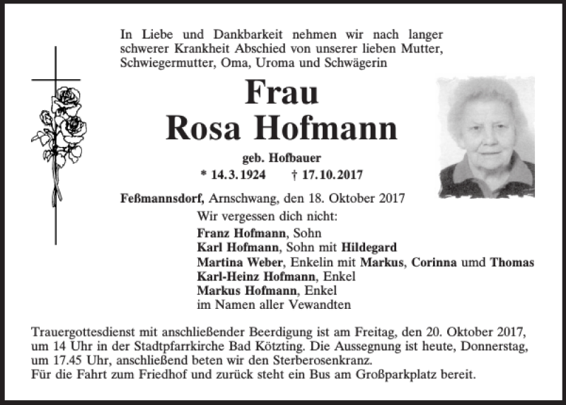 Traueranzeigen Von Rosa Hofmann Mittelbayerische Trauer