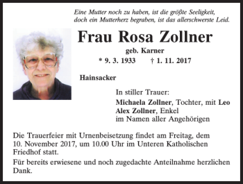 Traueranzeigen Von Rosa Zollner Mittelbayerische Trauer