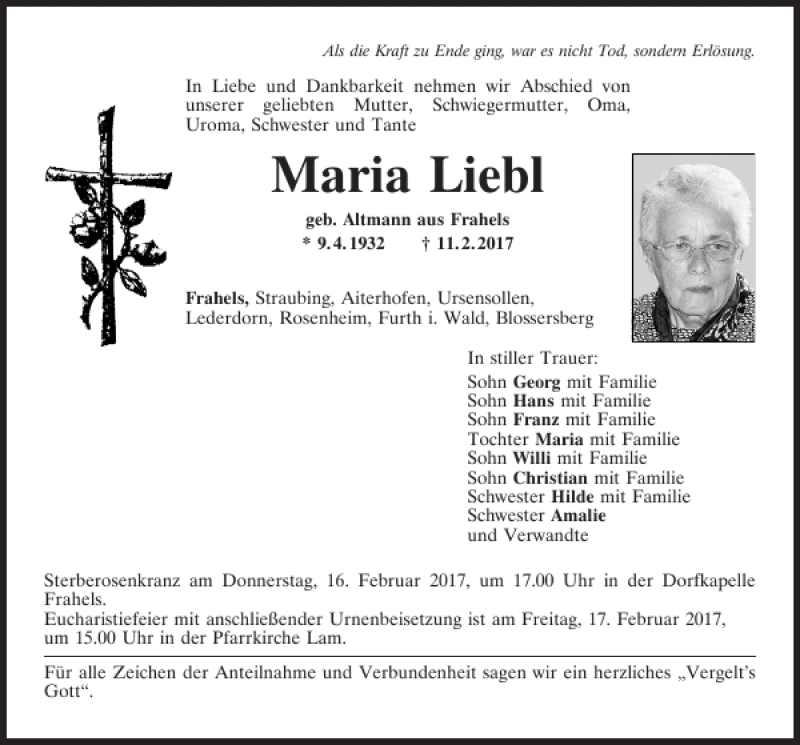 Traueranzeigen Von Maria Liebl Mittelbayerische Trauer