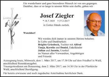 Traueranzeigen Von Josef Ziegler Mittelbayerische Trauer