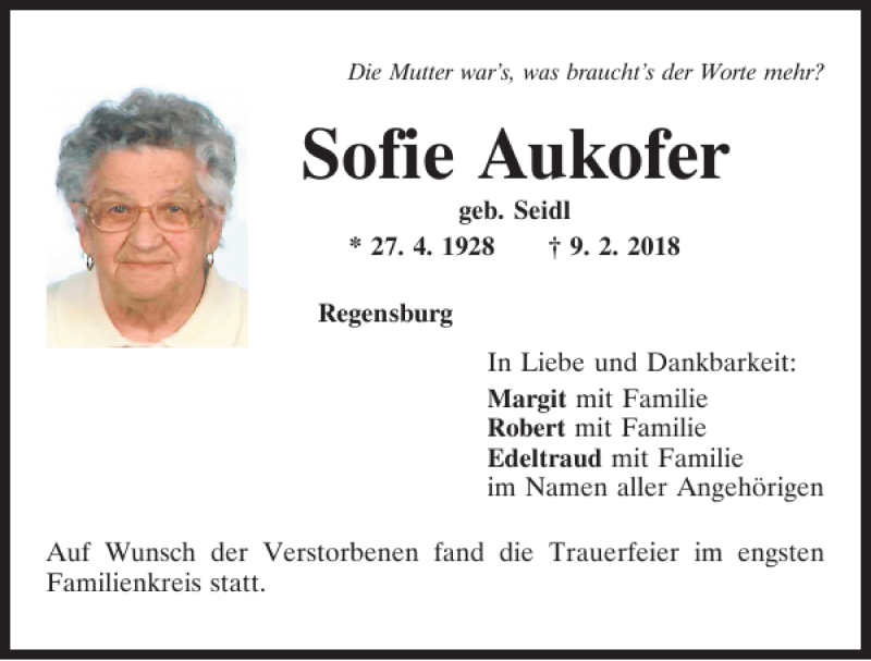 Traueranzeigen Von Sofie Aukofer Mittelbayerische Trauer