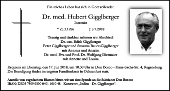 Traueranzeigen Von Hubert Gigglberger Mittelbayerische Trauer