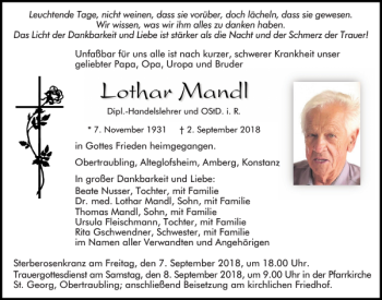 Traueranzeigen Von Lothar Mandl Mittelbayerische Trauer