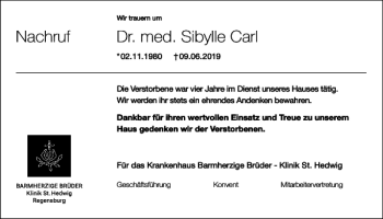 Traueranzeigen Von Dr Med Sibylle Carl Mittelbayerische Trauer