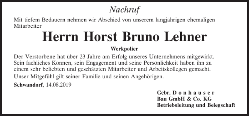 Traueranzeigen Von Horst Bruno Lehner Mittelbayerische Trauer