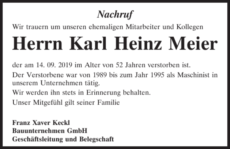 Traueranzeigen Von Karl Heinz Meier Mittelbayerische Trauer