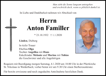 Traueranzeigen Von Anton Familler Mittelbayerische Trauer