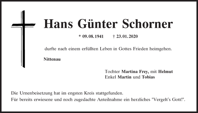 Traueranzeigen Von Hans G Nter Schorner Mittelbayerische Trauer