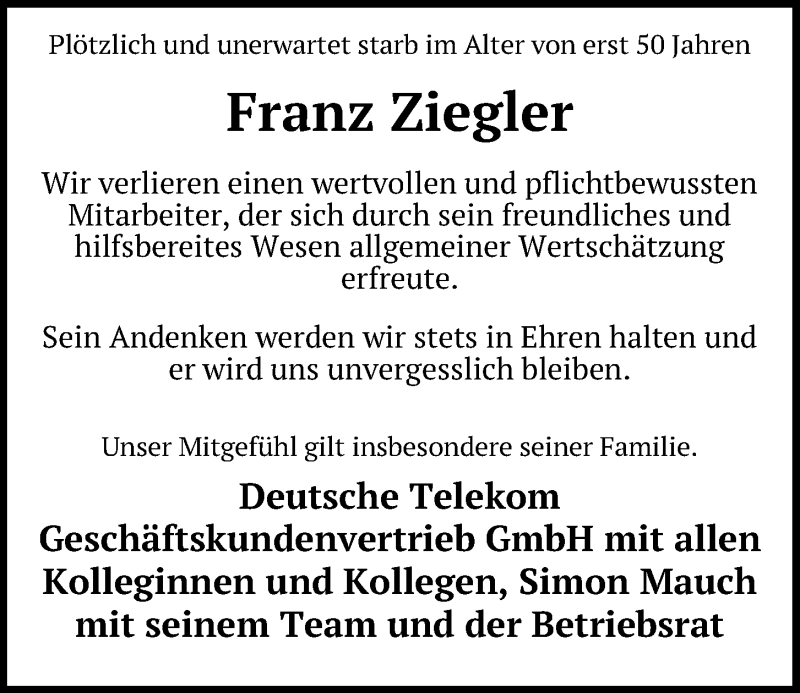 Traueranzeigen Von Franz Ziegler Mittelbayerische Trauer