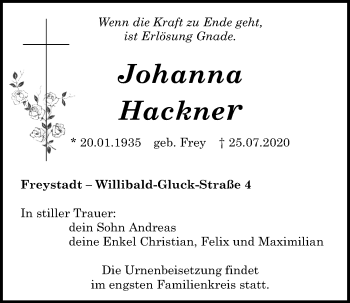 Traueranzeigen Von Johanna Hackner Mittelbayerische Trauer