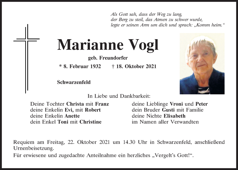 Traueranzeigen Von Marianne Vogl Mittelbayerische Trauer