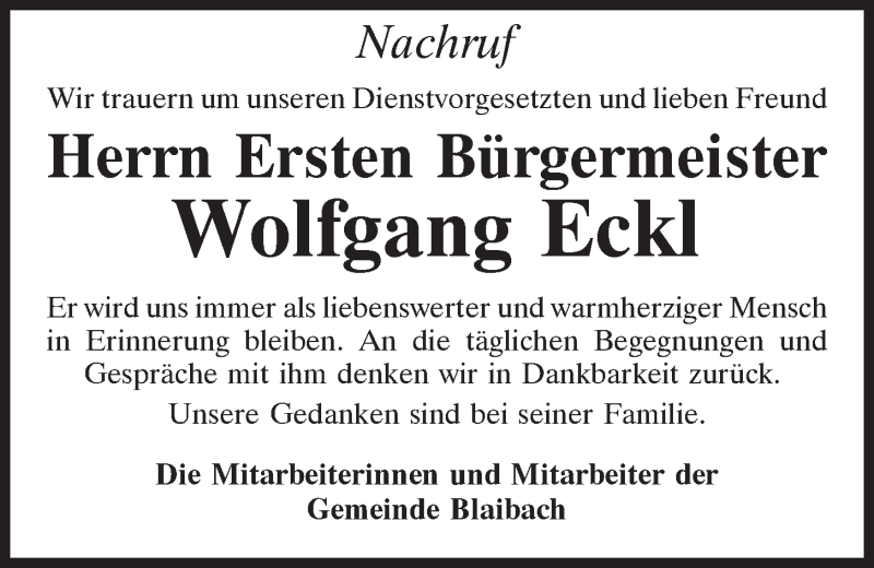 Traueranzeigen Von Wolfgang Eckl Mittelbayerische Trauer