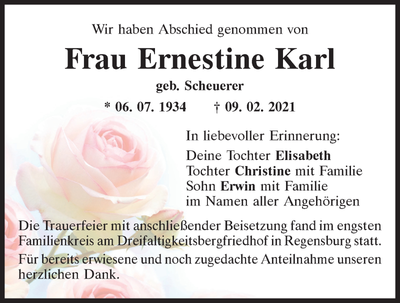 Traueranzeigen Von Ernestine Karl Mittelbayerische Trauer