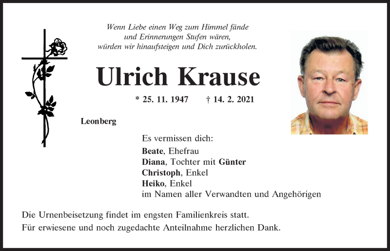 Traueranzeigen Von Ulrich Krause Mittelbayerische Trauer