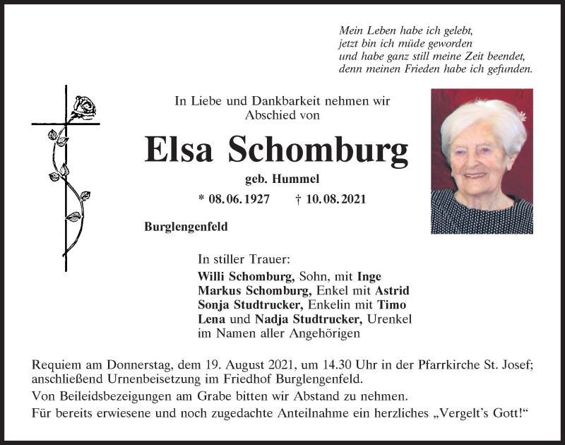 Traueranzeigen Von Elsa Schomburg Mittelbayerische Trauer