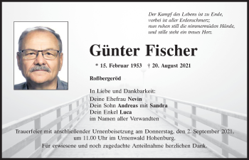 Traueranzeigen Von G Nter Fischer Mittelbayerische Trauer