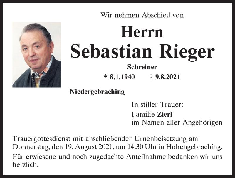 Traueranzeigen Von Sebastian Rieger Mittelbayerische Trauer